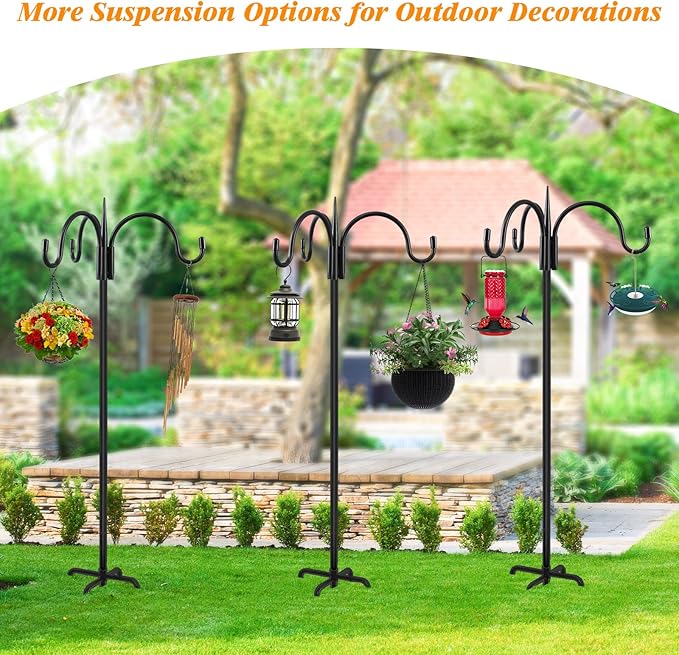 FEED GARDEN [Upgrade Version 76 Inch Three Shepherd Hooks for Outdoor,Bird Feeder Pole with 5 Prong Base, Adjustable Shepard Hooks for Hanging Plant, Solar Lanterns, Wind Chimes, 2 Pack FEEDGARDEN