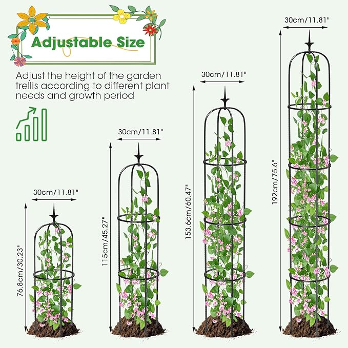 Tower Obelisk Garden Trellis for Climbing Plant，6.3FT/75.6" Rustproof Metal Potted Plant Climbing Support for Indoor Outdoor Flowers Vegetable Fruits Vines Support (1PCS) MQUPIN