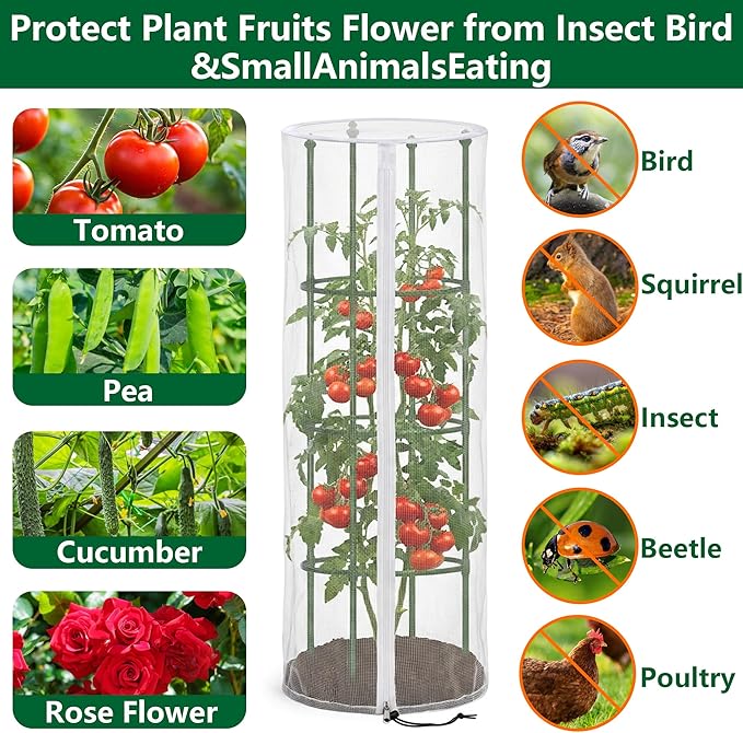 4 Pcs Garden Bird Netting Cover for Round Tomato Cage, 59" x 18" Tomato Trellis Insect Barrier Protection Mesh, Plant Cage Garden Net Cover with Zipper for Vertical Climbing Plants Vegetables Fruits PurpleStar