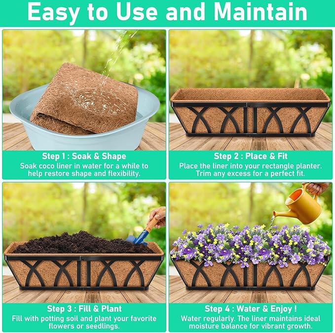 Riare 4 Pack 36 Inch Rectangle Coconut Liners for Planters, Natural Coconut Fiber Planter Liners, Window Box Liner Trough Coco Liner for Outdoor Flower, Garden Wall, Deck & Fence Planter Boxes Riare