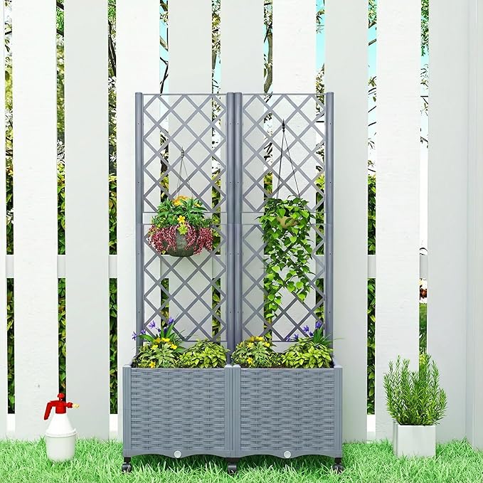 Outsunny Planter Box with Trellis, Self Watering Raised Garden Bed with Lockable Wheels, 56.3" Trellis Privacy Planter with Drainage Holes for Climbing Plants, Vines, Vegetables, Flowers, Gray Outsunny