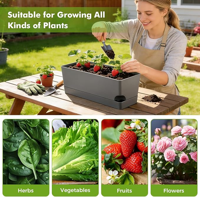 4 Pack Self Watering Pots for Indoor Plants 17 Inches Window Boxes Planters Rectangular Flower Pots Rectangle Herb Pots Large Plant Pots with Drainage Holes and Saucers Windowsill Planter, Grey KvyusFlourish
