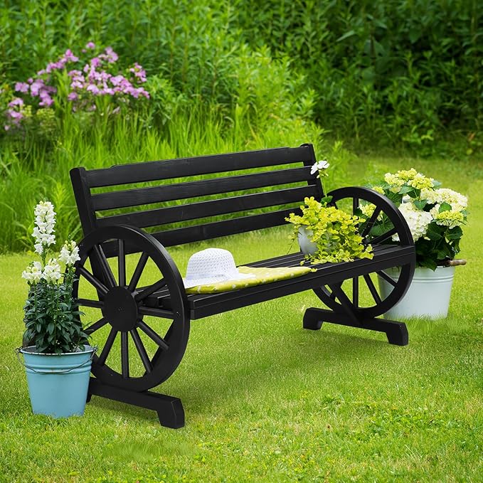 VINGLI Rustic Wooden Wheel Bench Outdoor Bench, Patio Bench Wagon Slatted Seat, Garden Benches for Outdoors 350lbs High Capacity, Weather Resistance (Black, 55in) VINGLI