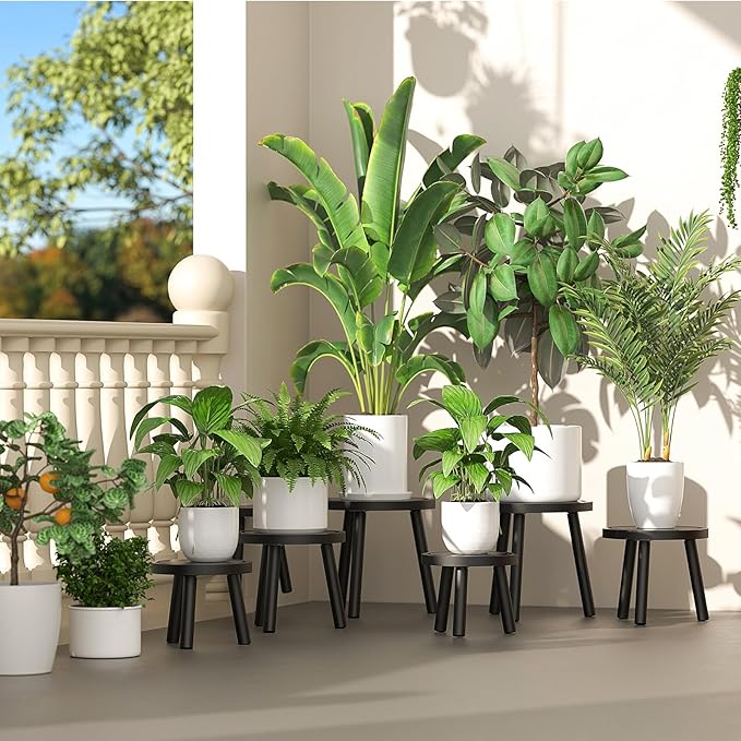 3-Pack Wood Plant Stands Indoor, Single Plant Stand for 6-12 Inch Pots, Mid-Century Modern Plant Stool, Tall Plant Stand for Large Plants for Living Room, Balcony, Office (Black) Rootora