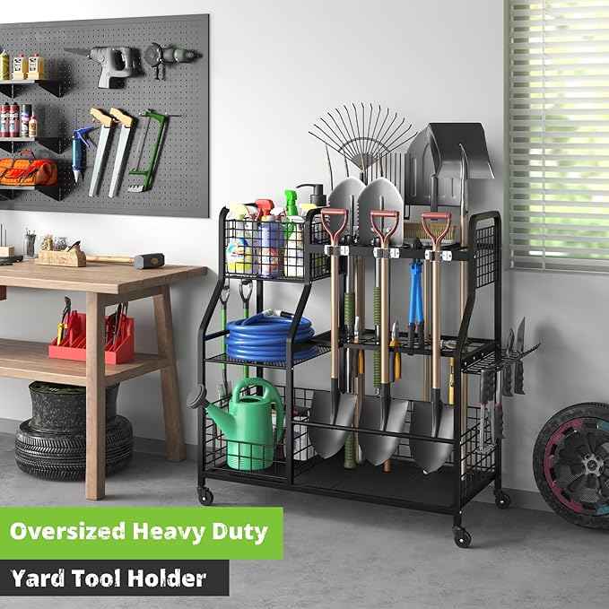 keomaisyto Garden Tool Organizer with Heavy Duty Wheels for Garage - with 2 Baskets, Large Yard Tool Organizer and Storage Holder, Utility Garden Tool Rack for/Shed/Garage/Yard/Basement/Lawn keomaisyto
