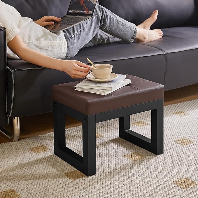 IBUYKE 16 Inch Small Foot Stool Ottoman, Rectangle PU Faux Leather Foot Rest with Padded Seat and Metal Legs, Modern Ottoman Foot Rest for Living Room Bedroom Entryway Couch, Deep Coffee WBD026K IBUYKE