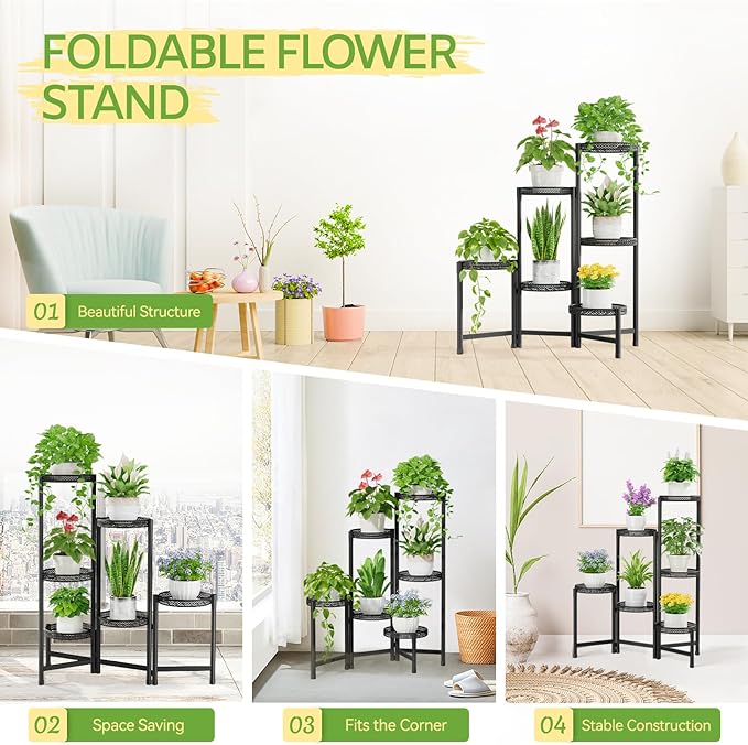 iDavosic.ly Plant Stand Indoor Outdoor, 6 Tier Corner Metal Flower Display Holder Shelf, Folding Tall Orchid Rack for Patio Balcony Porch Garden Living Room House, Wrought Iron - Modern Black iDavosicly