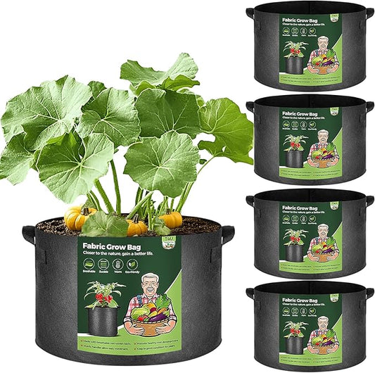 T4U 25 Gallon Grow Bags, Upgrade Grow Bags with Handles, Heavy Duty Thickened Nonwoven Fabric Pots, 25 Gallon Pots for Plants, Pumpkin, Butternut Squash, Grape (5 Pack 25 Gal) T4U