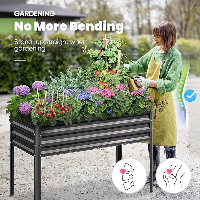 KING BIRD Raised Garden Bed with Irrigation System and Legs Galvanized Elevated Planter Box 48×24×31.5 in for Backyard, Patio, Balcony, 400lb Capacity, Dark Grey KINGBIRD