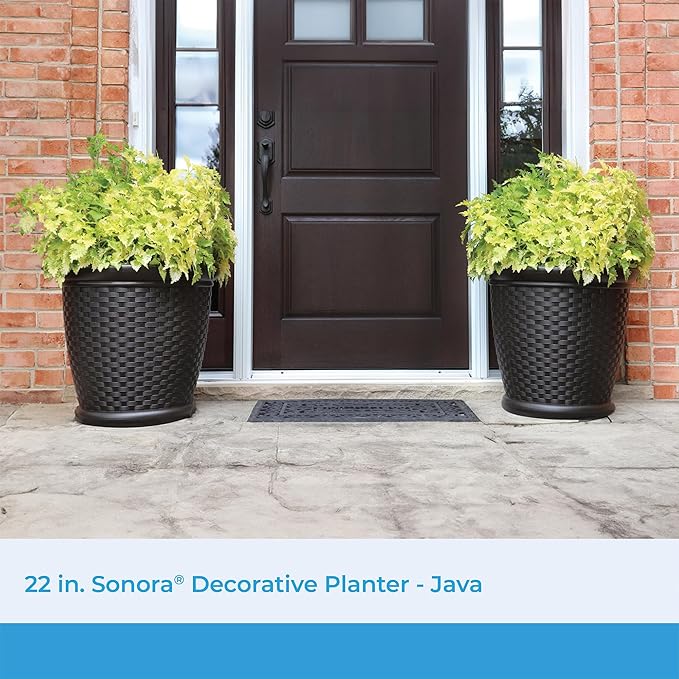 Suncast Sonora 22 Inch Plastic Wicker Indoor or Outdoor Decorative Garden Flower Planter for Entryways, Porch, and Backyard Patios, Dark Brown Suncast