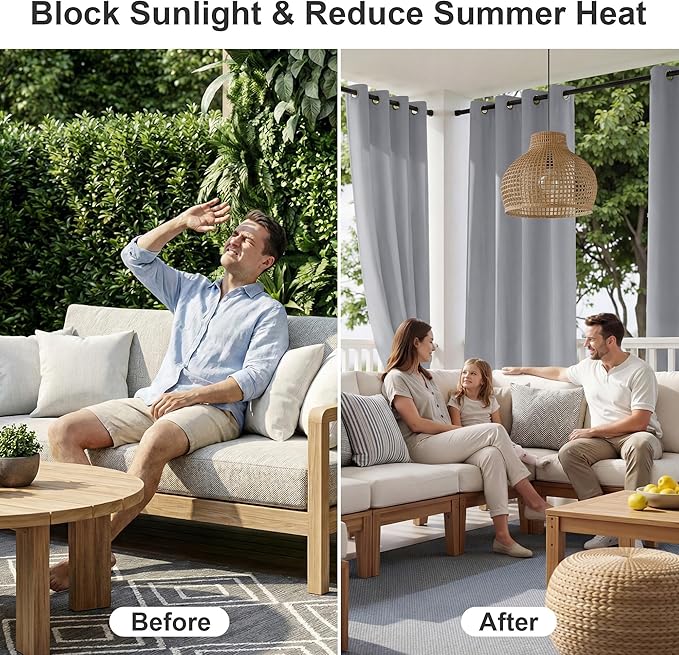 RYB HOME Outdoor Curtains Waterproof - Sun Blocking Curtains Privacy Shades for Garage Patio Door Window Porch Pergola Outdoor Shower, W 100 inches x L 84 inches, 1 Panel, Light Grey RYBHOME