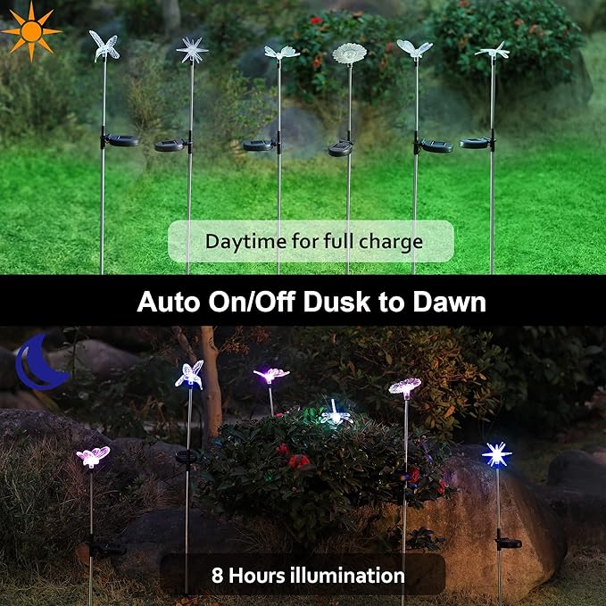 Glintoper 6 Pack Solar Garden Stake Lights Outdoor, Solar Butterfly Figurine Lights, Multi-Color Changing LED Landscape Lighting, Sparkling Star Flower Hummingbird Dragonfly Bee for Patio Yard Pathway Glintoper