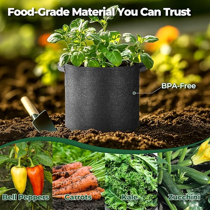 T4U Fabric Plant Grow Bags with Handle 7 Gallon Pack of 5, Heavy Duty Nonwoven Smart Garden Pot Thickened Aeration Nursery Container Black for Outdoor Potato, Tomato, Chili, Carrot and Vegetables T4U