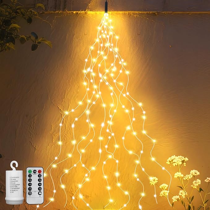 ZNYCYE 1 Pack Battery Operated Fairy Lights with Timer, Waterproof Waterfall Flash Lights 8 Modes 10 Strands 200 LEDs Hanging Vine String Lights with Remote for Outdoor DIY Watering Can Lights ZNYCYE