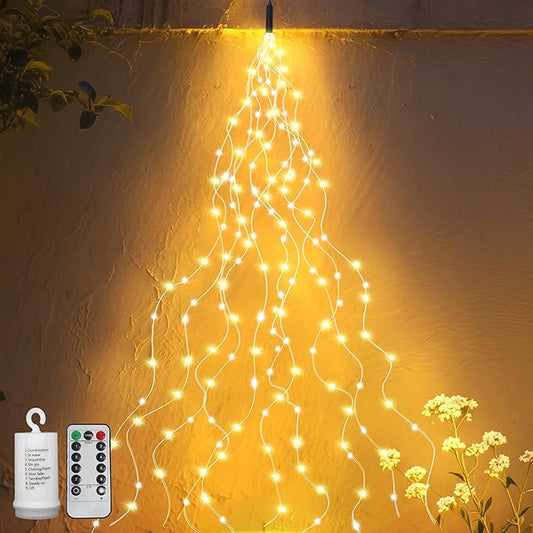ZNYCYE 1 Pack Battery Operated Fairy Lights with Timer, Waterproof Waterfall Flash Lights 8 Modes 10 Strands 200 LEDs Hanging Vine String Lights with Remote for Outdoor DIY Watering Can Lights ZNYCYE