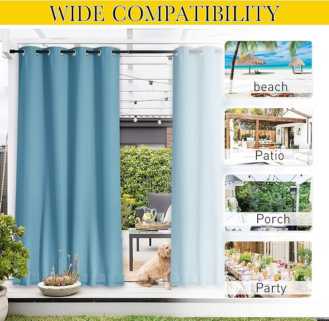 NICETOWN 2 Panels Weighted Blackout Outdoor Curtains for Patio Waterproof, Grommet & Back Tab on top and Bottom Windproof Privacy Thermal Drapes for Cabana with Fixed Rope, W52 x L95, Teal Blue NICETOWN