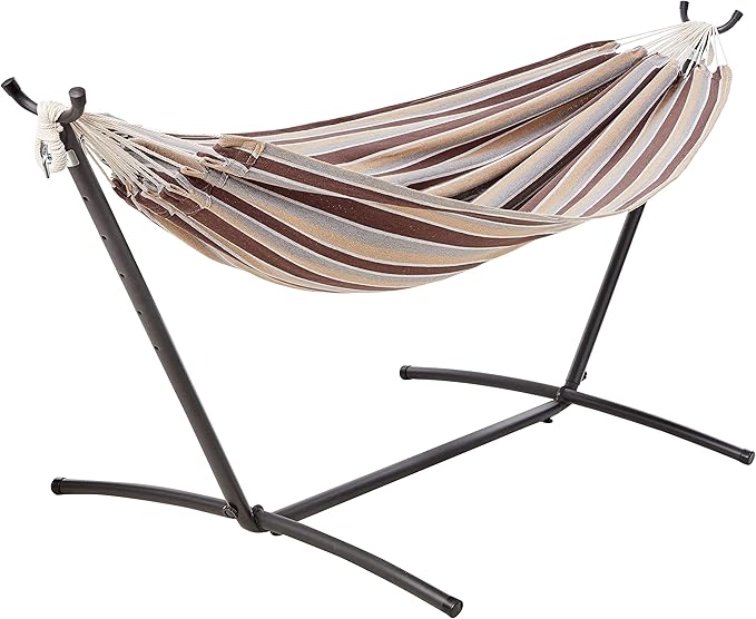 Amazon Basics Double Hammock with 9-Foot Space Saving Steel Stand and Carrying Case, 2 Person, 450 lb Capacity, Cream Wave, 110" x 47" x 43" AmazonBasics