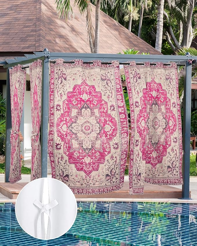 Pink Bohemian Outdoor Curtains for Patio Waterproof, Grommet Privacy Curtain Drapes Weatherproof Outside Curtains for Porch GazeboPergola Cabana 2 Panel 54x84inch Medallion Floral Geometric Printed Rootora