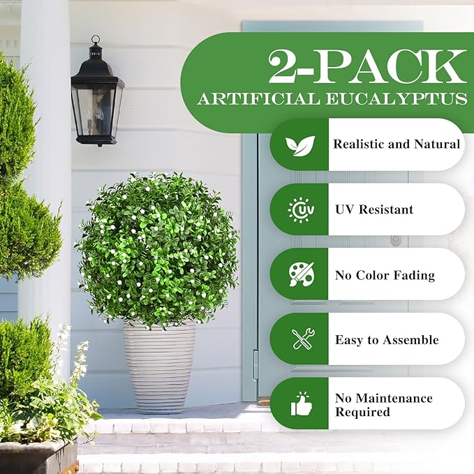 Artificial Topiary Bushes for Outdoors with Spike, Boxwood Ball Fake Shrubs UV Resistant Faux Plants for Indoor Outdoor Fall Thanksgiving Halloween Decor (Gypsophila Boxwood White-2 Packs) FAJUNZH