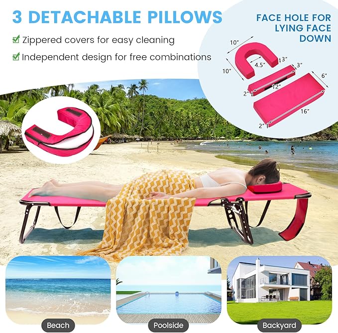 GYMAX Tanning Chair, 350lbs Beach Lounge Chair with Face Hole, Washable Pillow & Carry Strap, Adjustable Folding Chaise Lounge, Layout Chair for Outside, Patio, Poolside, Lawn (1, Pink) GYMAX