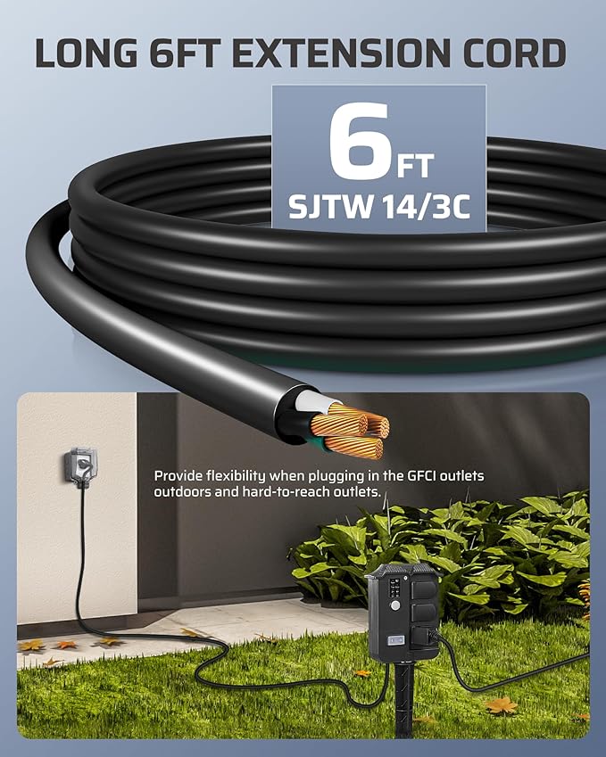 DEWENWILS Outdoor Power Stake Timer Waterproof, 6 Grounded Outlets, 6FT Extension Cord, 100FT Wireless Remote Control, Photocell Dusk to Dawn Timer for Lights, Yard, Garden, UL Listed DEWENWILS