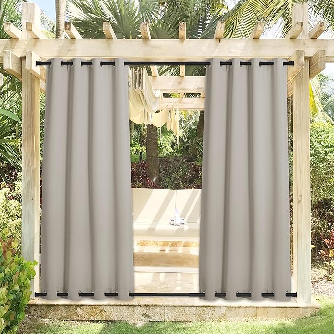 NICETOWN 2 Panels Natural Outdoor Curtains for Patio Waterproof, Rustproof Top & Bottom Grommet Weighted Windproof Drapes Thermal Insulated Blackout Outdoor Blinds for Porch/Gazebo, W52 x L84 NICETOWN