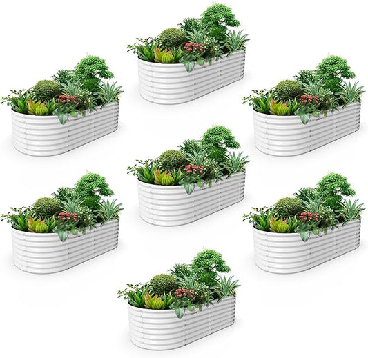 A ANLEOLIFE 7-Set 8X4X2 ft Galvanized Raised Garden Bed Kit, Oval Metal Deep Root Planters for Outdoor Plants, Antique White AAnleolife