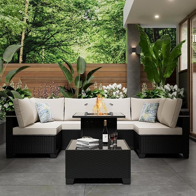8 Pcs Patio Furniture Set with Fire Pit Table Wicker Outdoor Sectional Sofa, Conversation Set Perfect for Backyard, Garden, Deck (Deep Brown/Beige) Ophelian
