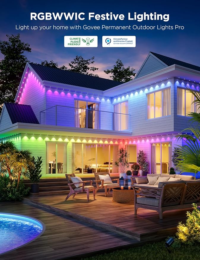 Govee Permanent Outdoor Lights Pro, 100ft with 60 RGBIC LED Lights for Daily and Accent Lighting, 75 Scene Modes for Outdoor Decor, IP67 Waterproof, Works with Alexa, Google Assistant, Matter, Black Govee