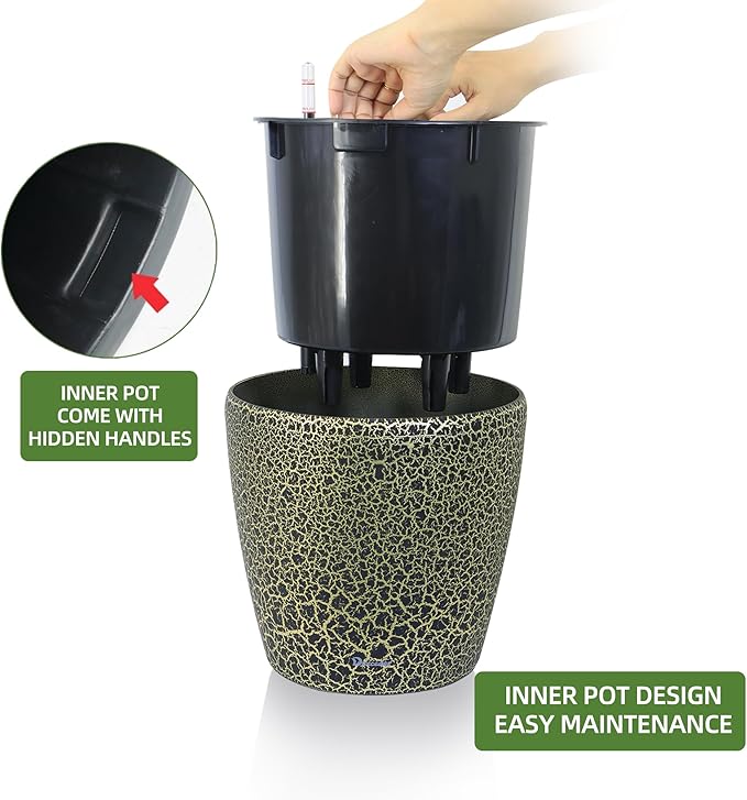 Dexceder 9x8 Inches Self Watering Planter Indoor Outdoor, Inner Pot Design, Thickened Table Flower Plant Pot with Water Level Indicator (Black Gold Crackle) Dexceder