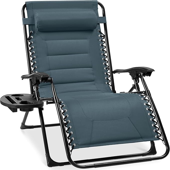 Best Choice Products Oversized Padded Zero Gravity Chair, Folding Outdoor Patio Recliner, XL Anti Gravity Lounger for Backyard w/Headrest, Cup Holder, Side Tray, Polyester Mesh - Slate Blue BestChoiceProducts