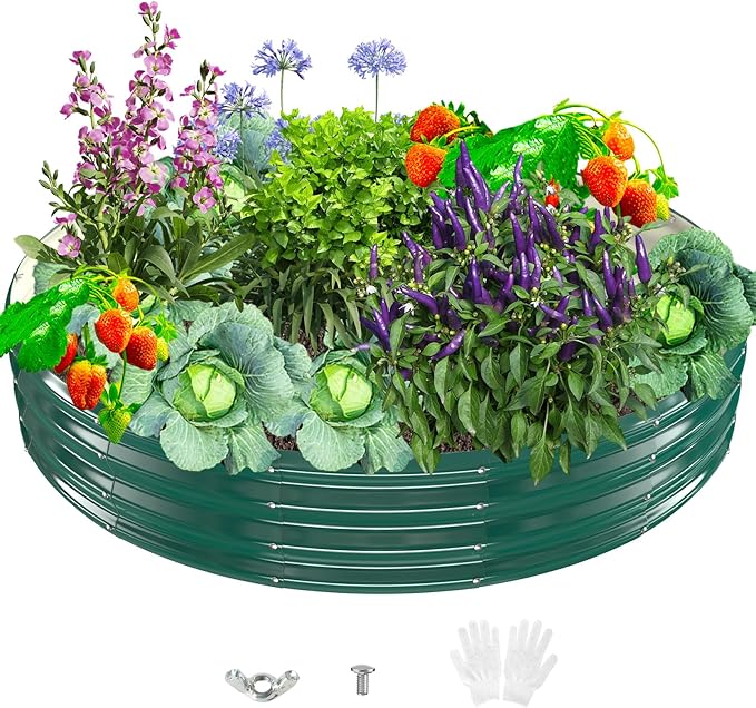 Durable Round Galvanized Steel Raised Garden Bed for Planting,Round Galvanized Steel Fire Ring/Fir Pit for Outdoor- 6×6×1FT,0.8MM Thick (Dark Green, 72 ins Diameter x 12 ins high) zbzbml