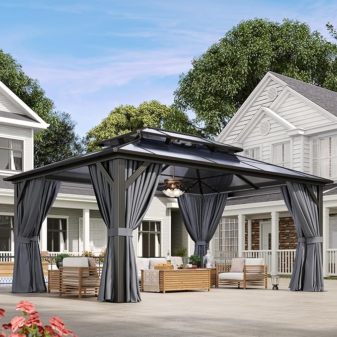 Aoxun 12'x16' Hardtop Gazebo, Aluminum Frame Permanent Pavilion with Curtains and Netting, Outdoor Polycarbonate Double Roof Canopy, Designed for Garden, Lawns, Patio Aoxun