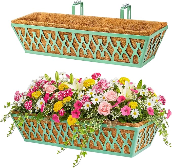 2 Pack 24 Inch Window Boxes Planters Railing Planter Box with Adjustable Brackets for Porch Fence Patio Balcony Hanging Flower Baskets with Coco Liners for Outdoor Garden Decor - Green KarlliuHOMEGARDEN