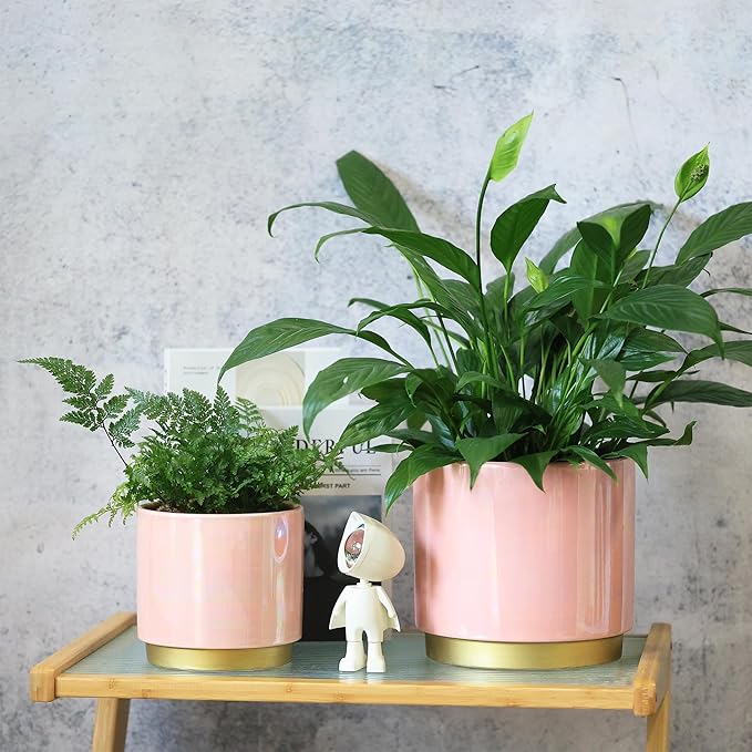 Gepege Pink Indoor Plant Pots for Plants, Ceramic Planter with Drainage Hole, 7.6 Inch +6 Inch 2pcs Succulent Orchid Flower Pot - Rainbow Pearl Glaze Gepege