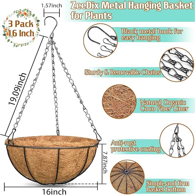 ZeeDix 3 Pack 16 Inch Large Hanging Baskets for Plants Outdoor with Coconut Liners Replacement, Hanging planters Baskets with Natural Coco Liner for Outdoor Indoor Planters Flowers Vegetables ZeeDix