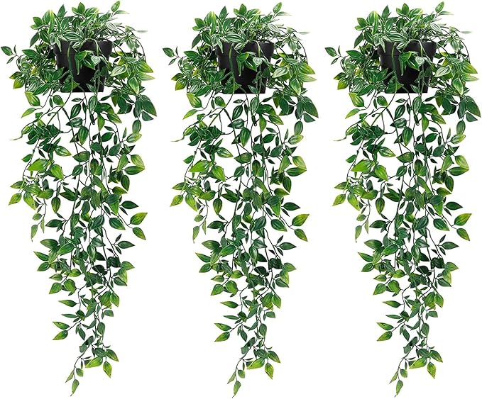 Whonline 3 Pack Artificial Hanging Plants Fake Plants with Pots for House Bedroom Wall Garden Decor WHONLINE