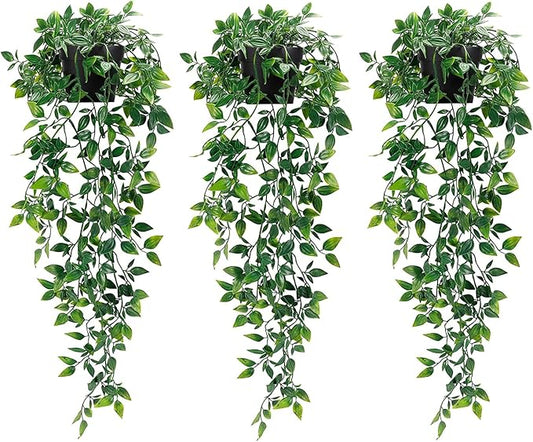 Whonline 3 Pack Artificial Hanging Plants Fake Plants with Pots for House Bedroom Wall Garden Decor WHONLINE