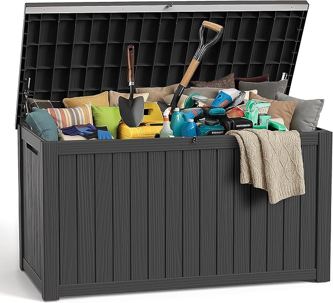 ROJIK Outdoor Storage Housing Deck Box,Waterproof Patio Furniture, Garden Tools,Cushions,Pool Accessories Storage Bench with Lockable Lid and Side Handles (Black,280 Gal) ROJIK