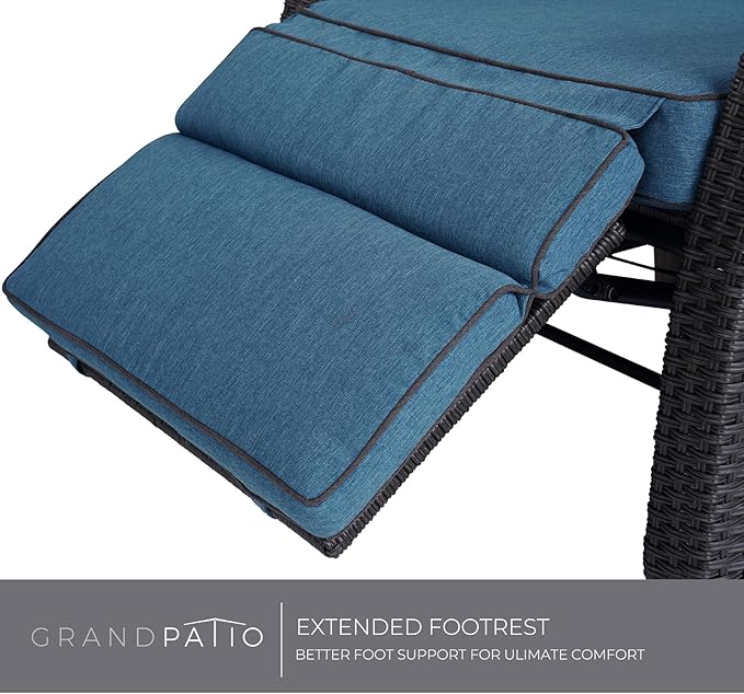 Grand patio Outdoor Reclining Chairs with Extended Footrest 2-Piece Adjustable Patio Wicker Lounge Recliner up to 150° with Flip Side Table Peacock Blue GrandPatio
