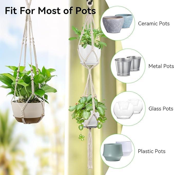 USLAI Macrame Plant Hanger Indoor Outdoor, Fits 4 to 15 Inch Pots, Strong Hanging Planter Holder, Boho Home Decor, 49+35 Inch, Ivory (POTS NOT Included) USLAI