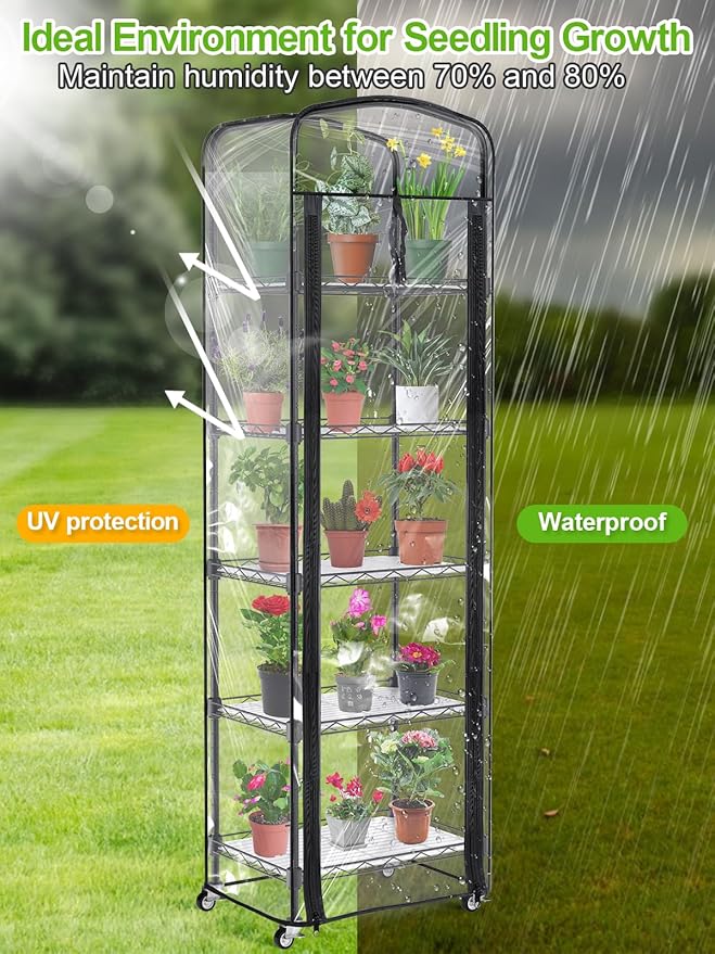 Abimars 5-Tier Mini Greenhouse with Caster Wheels, Each Shelf Height Adjustable Metal Plant Shelf with PVC Cover for Seed Starting Trays, Seedling Pots, Plant Pots, 11x16x57inch Abimars