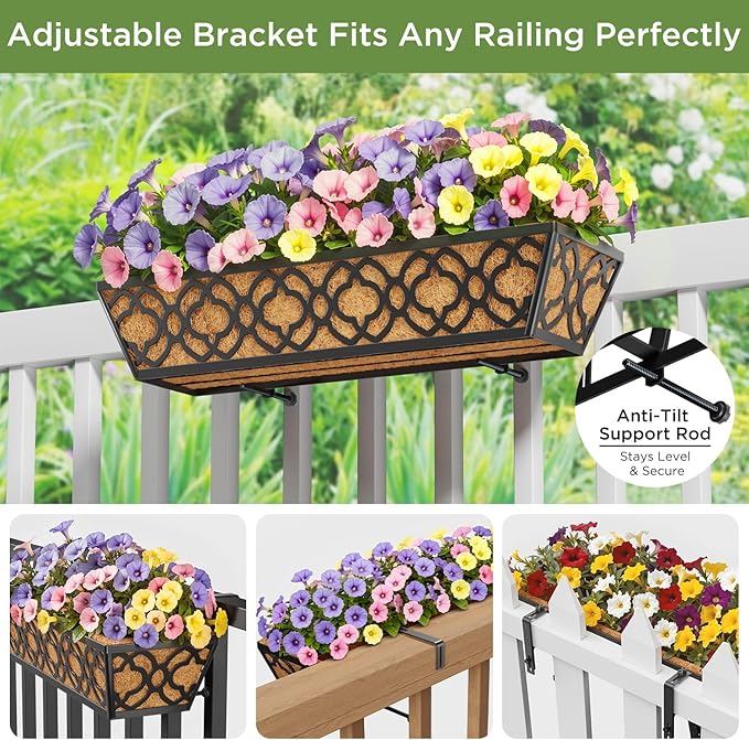 Y&M Flower Boxes for Deck Railings 24inch 4packs, Deck Railing Planter Boxes with Coir Liner Outdoor Railing Window Boxes Planters Hanging Planter Flower Box YM