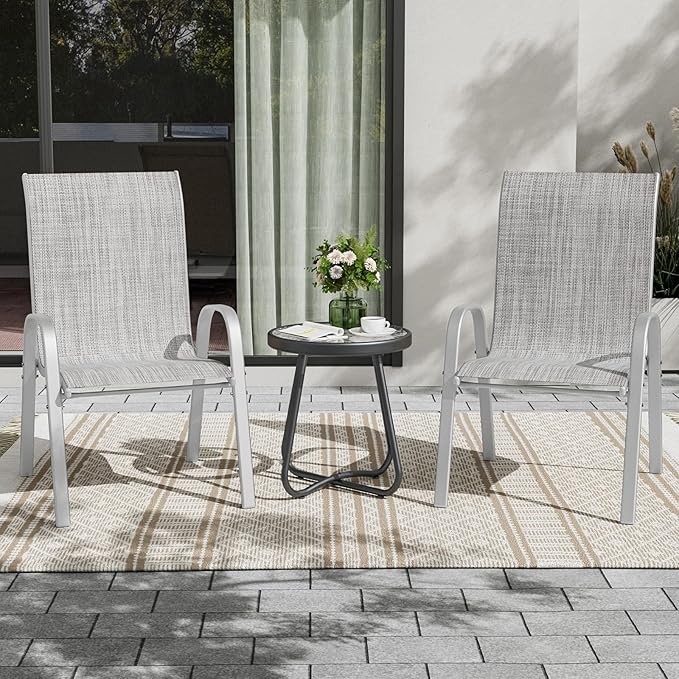 UDPATIO Patio Chairs Set of 2, Stackable Silver Outdoor Dining Chairs with High Back, Breathable Textilene Fabric Outdoor Chair All Weather, 350LBS Capacity for Garden, Backyard (Light Grey) UDPATIO