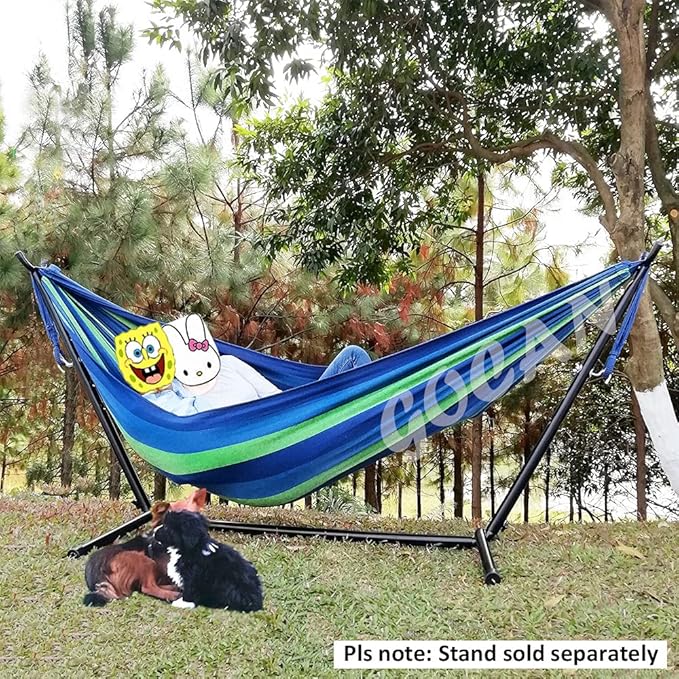 Brazilian Double Hammock 2 Person Extra Large Canvas 250x160cm Total Length 350cm Load 500lb Cotton Hammock for Garden Outdoor and Indoor Blue/Green(98 * 65'') GOCAN