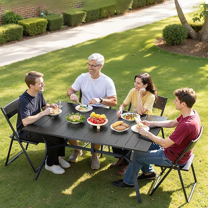 VEVOR Outdoor Patio Dining Table, 59 inch Long Rectangular Metal Steel Slat Backyard Bistro Tables for 4-6, with 1.5 in Umbrella Hole, All-Weather Large Furniture for Lawn Garden Porch, Black VEVOR