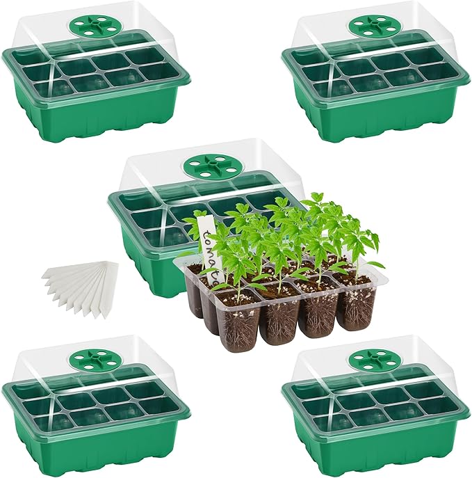 Bonviee 5-Pack Seed Starter Trays, Seed Starter Kit with Adjustable Humidity Dome and Base Indoor Greenhouse Mini Propagator for Seeds Growing Starting (12 Cells Per Tray, Green) BonvieeDirect