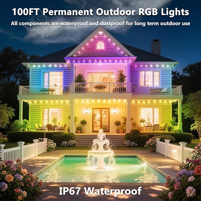 100FT Permanent Outdoor Lights for House Waterproof, IP67, Outdoor Permanent led Lights for Holidays, Daily & Pool Party Decor, Scene Modes, App/Remote Control Rootora