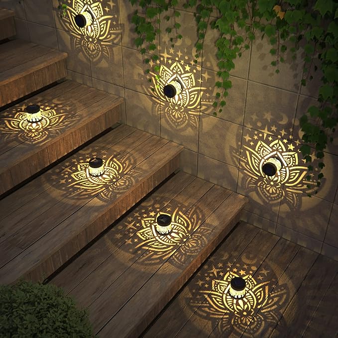 4 Pack Solar Fence Lights Metal Solar Powered Outdoor Wall Deck Lights Lotus Theme Waterproof Fence Light for Garden Post Patio Backyard Yard Decor (Lotus, 4 Pack) gardencave