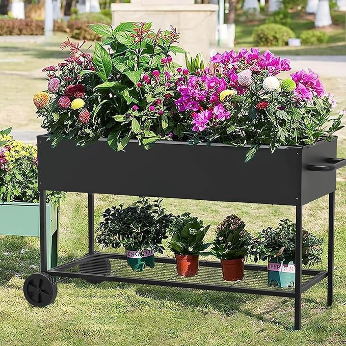 51 × 26 × 31.5 Inches Raised Garden Bed with Legs/Storage Shelf, Mobile Planter Box for Outdoor Plants, Elevated Garden Bed for Backyard, Balcony, Black Rootora
